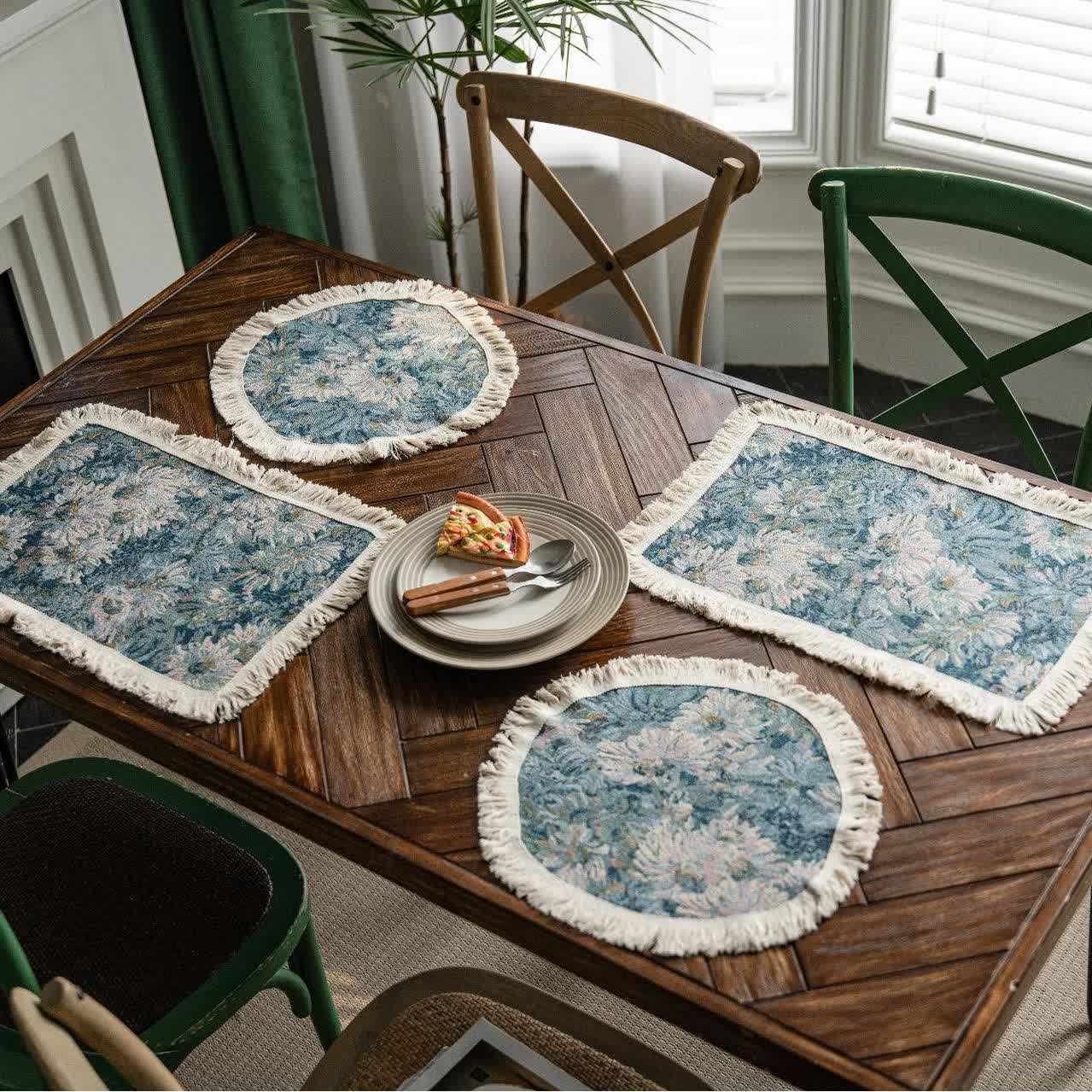 Jacquard Floral Placemat with Cotton Tassel Fringe Table Mat in use