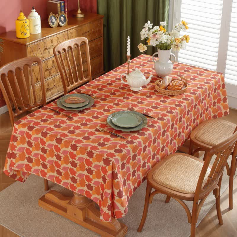 Autumn maple leaf print tablecloth in a styled dining room
