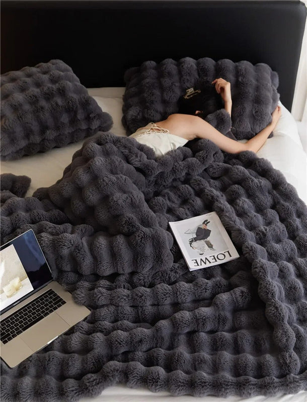 Throw Warm Blankets Faux Fur Plush Reversible Dark Gray color