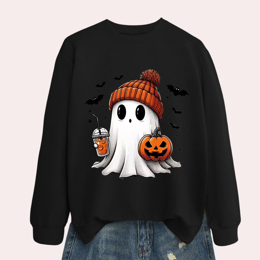 Womens Halloween Ghost and Pumpkin Print Sweatshirt lifestyle scene