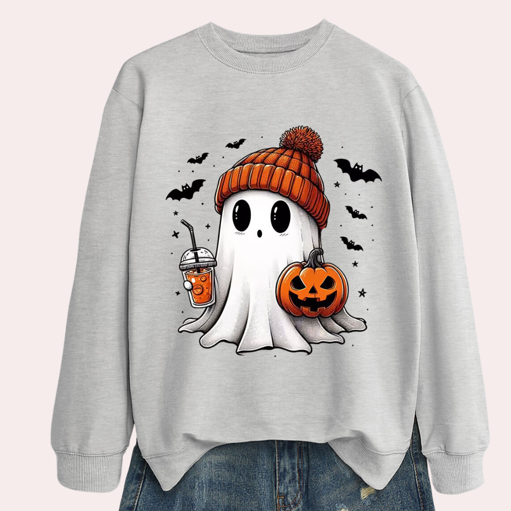 Womens Halloween Ghost and Pumpkin Print Sweatshirt Gray color