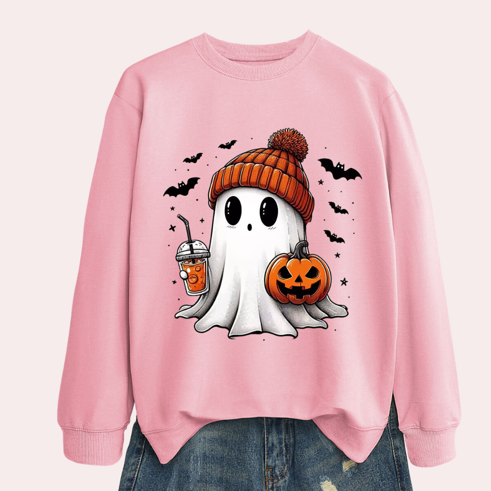 Womens Halloween Ghost and Pumpkin Print Sweatshirt Pink color