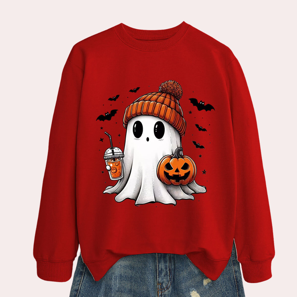 Womens Halloween Ghost and Pumpkin Print Sweatshirt Red color