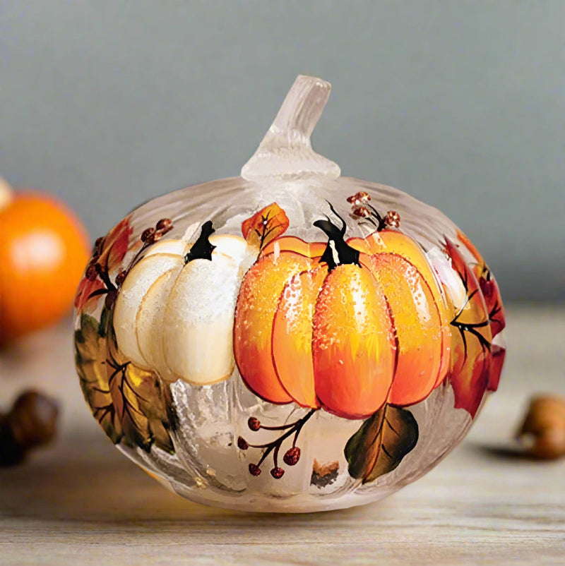 Lit Glass Pumpkin Fall Table Decor with Timer in use