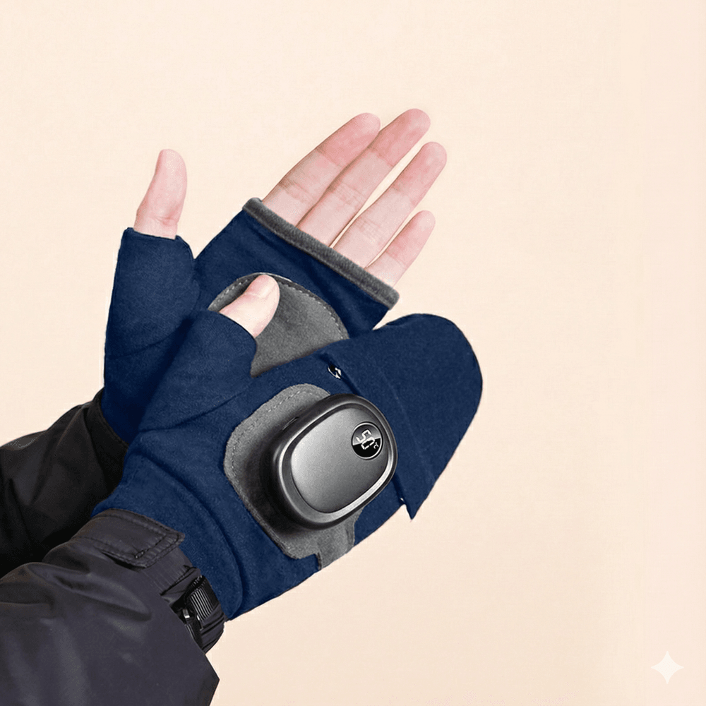 Heating Gloves Fingerless Rechargeable with Mitten Cover Navy Blue color