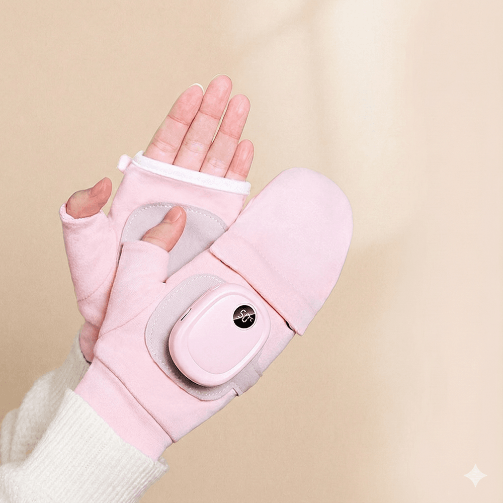 Heating Gloves Fingerless Rechargeable with Mitten Cover Pink color