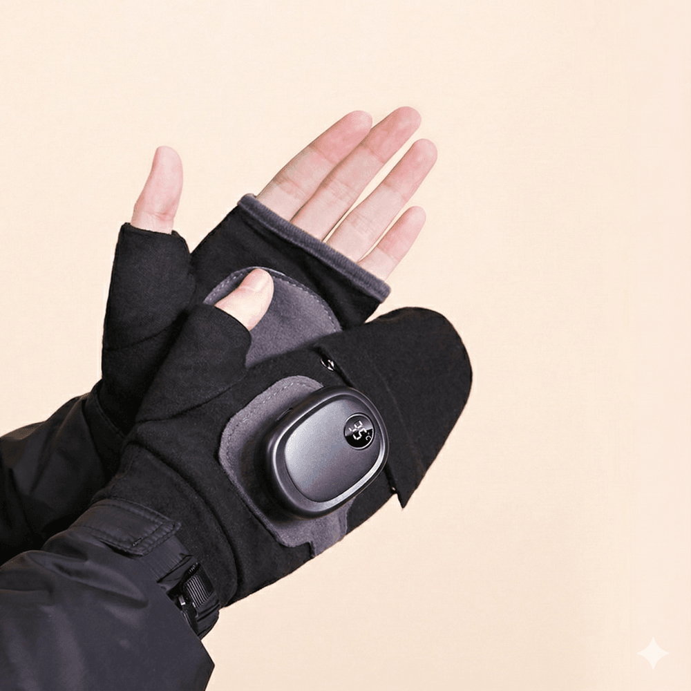 Heating Gloves Fingerless Rechargeable with Mitten Cover Black color