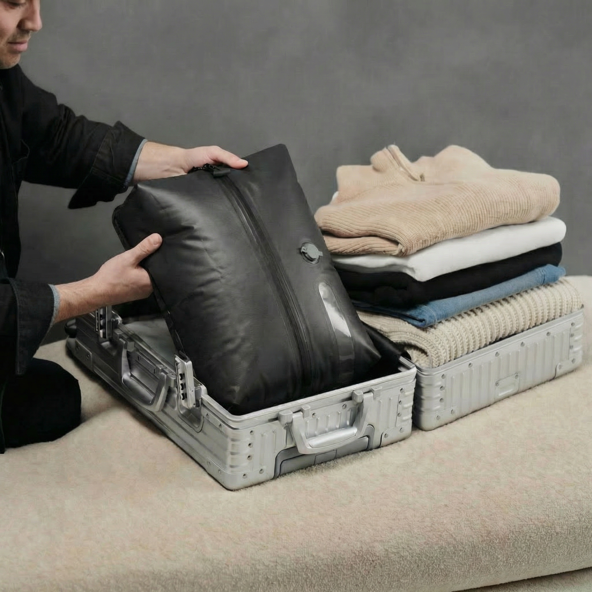Person packing clothes into a suitcase with a gray background