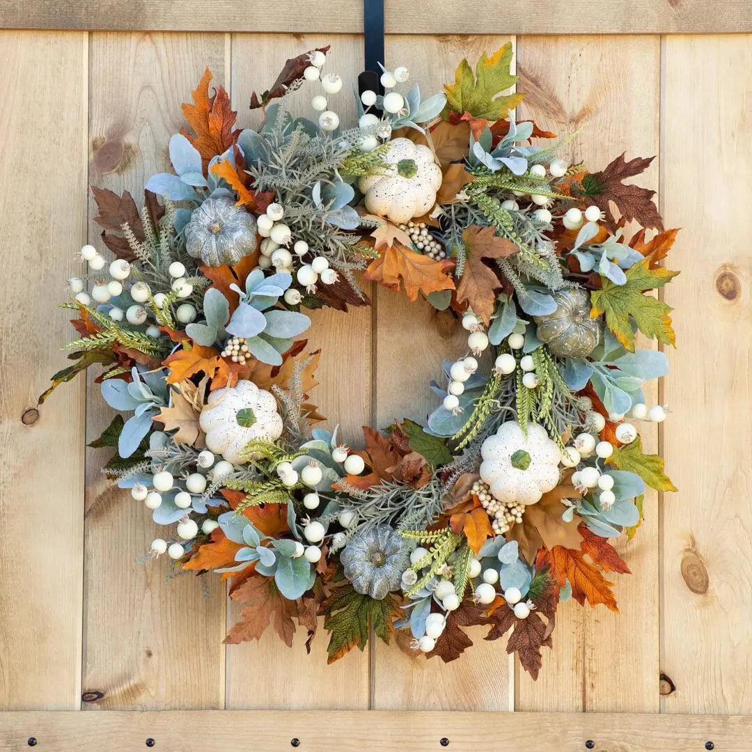 Fall Decoration for Porch Wreath with Pumpkins Maple Leaves lifestyle scene