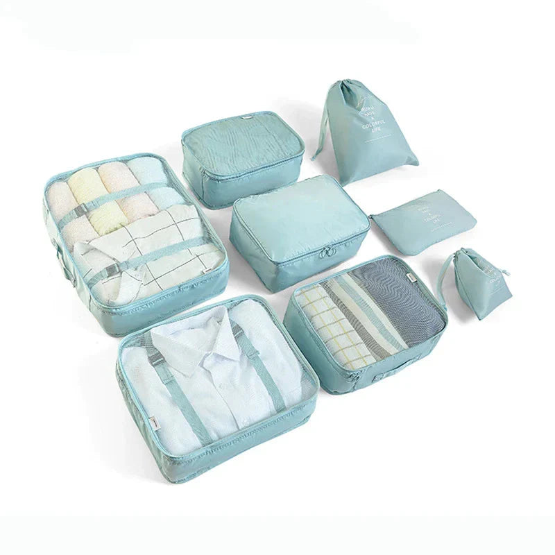 Unisex 8-Piece Packing Cube Set with Water-Resistant Exterior and Mesh Panels 8
