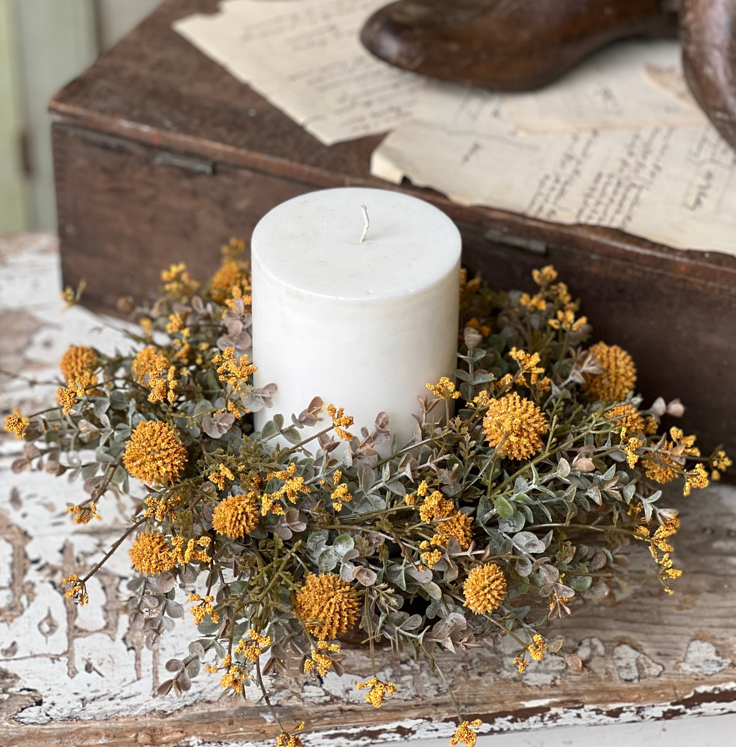 Candle Ring Fall Flower Centerpiece Mustard Yellow in use