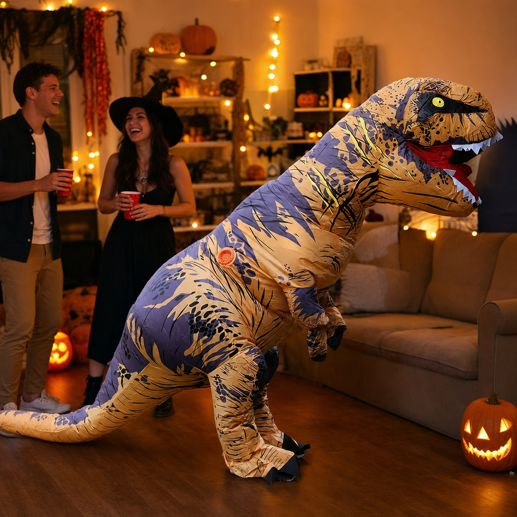Inflatable T-Rex dinosaur costume at a Halloween house party