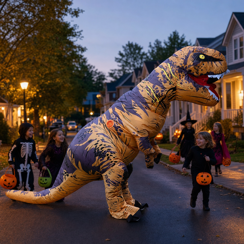 Inflatable T-Rex dinosaur costume trick-or-treating at dusk