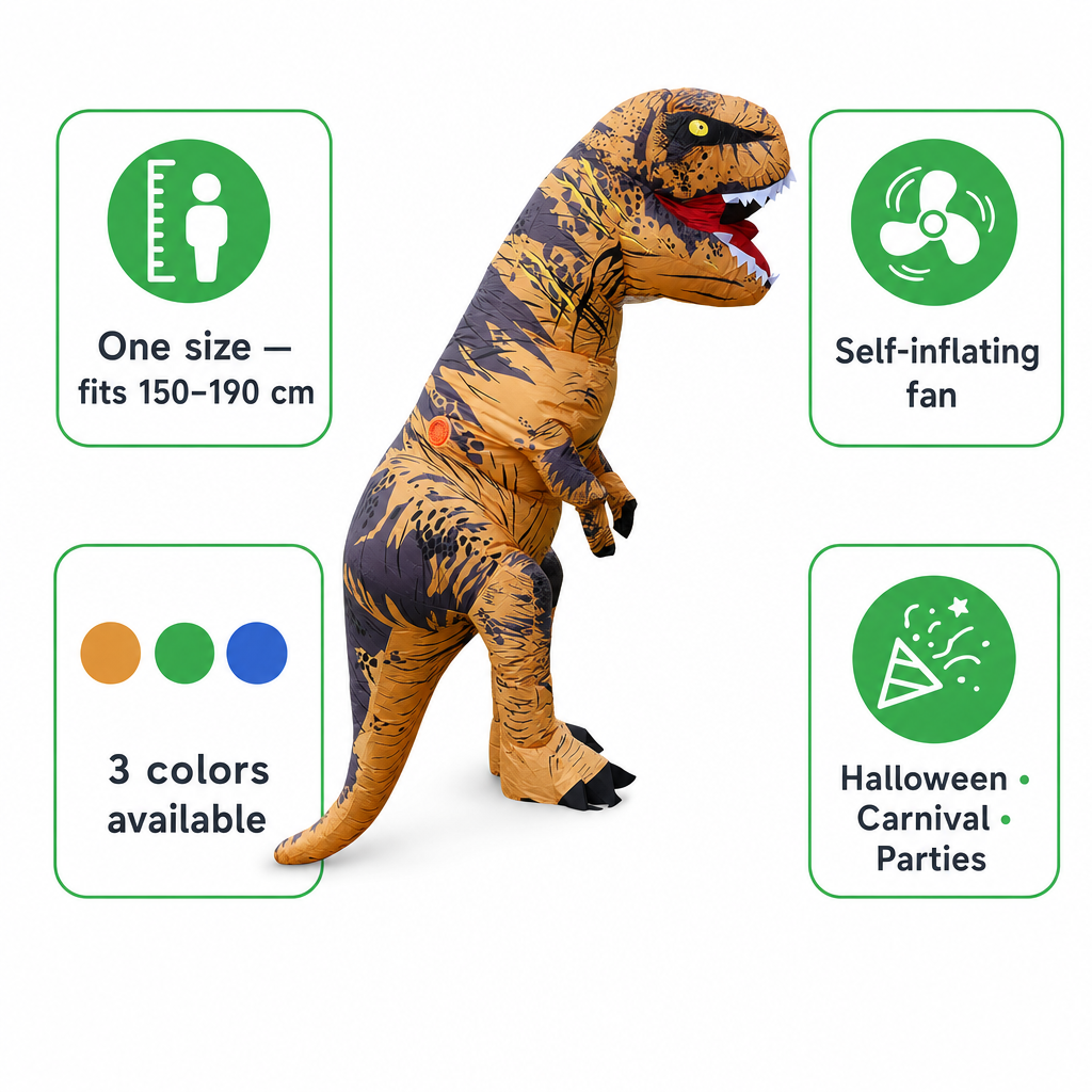 Inflatable T-Rex costume features: one size 150-190 cm, self-inflating fan, 3 colors