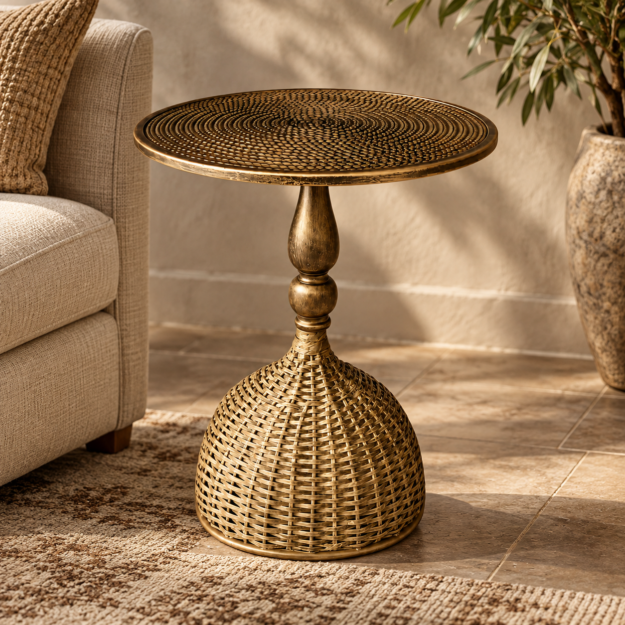 Woven Metal Side Table Decorative Accent Round Openwork