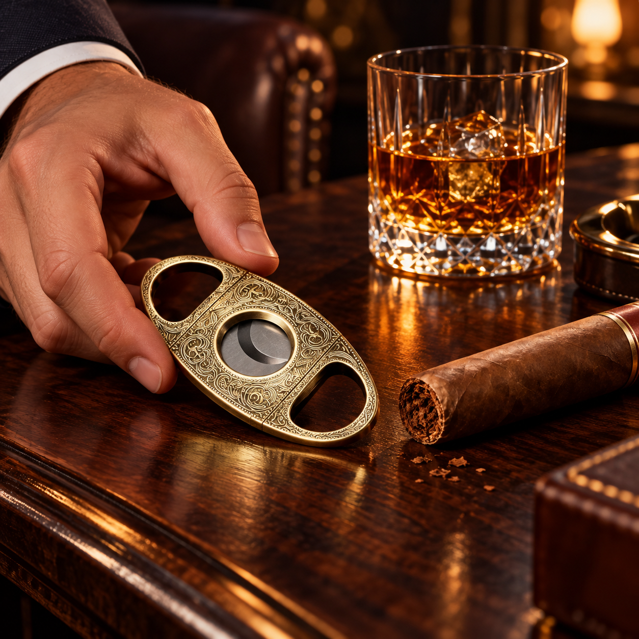 Antique Bronze Cigar Cutter Pouch Engraved Design