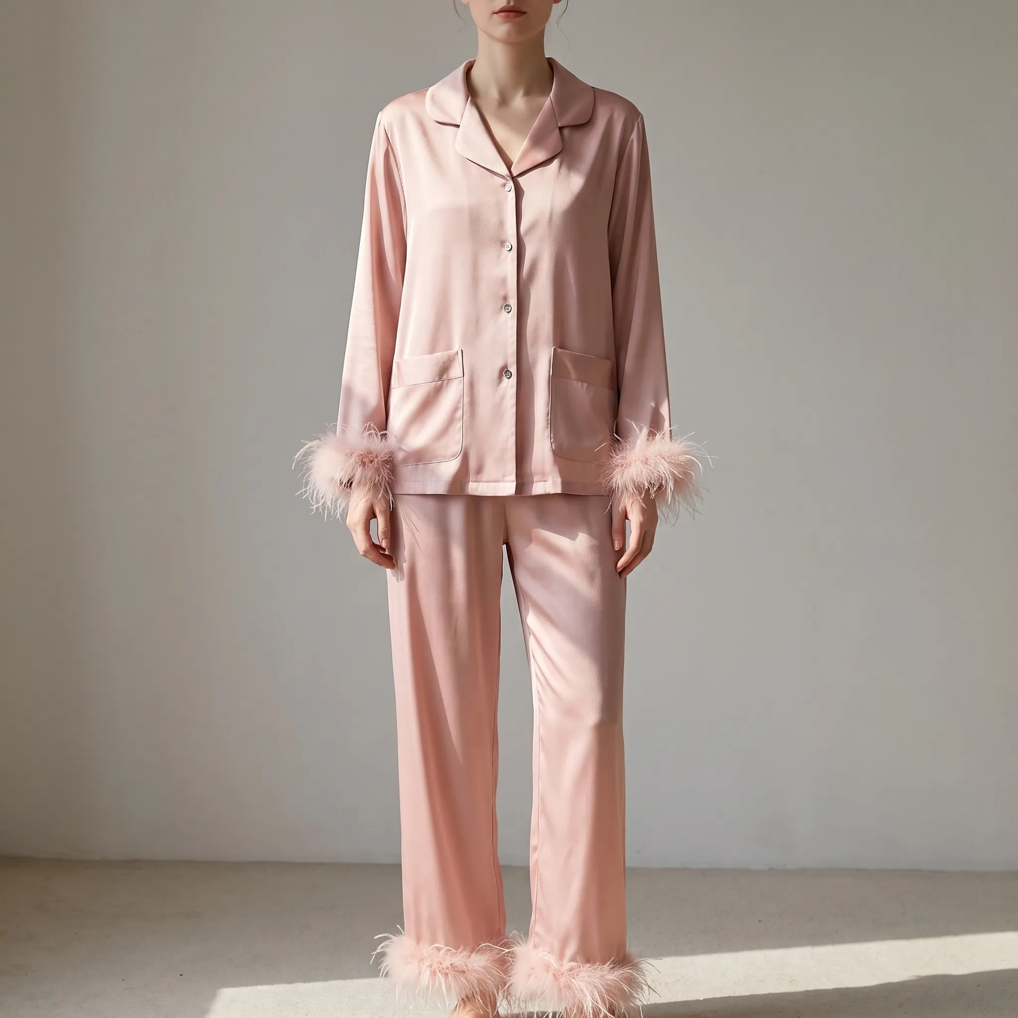 Feather-Trimmed Long Sleeve Pajama Set - Stephanie