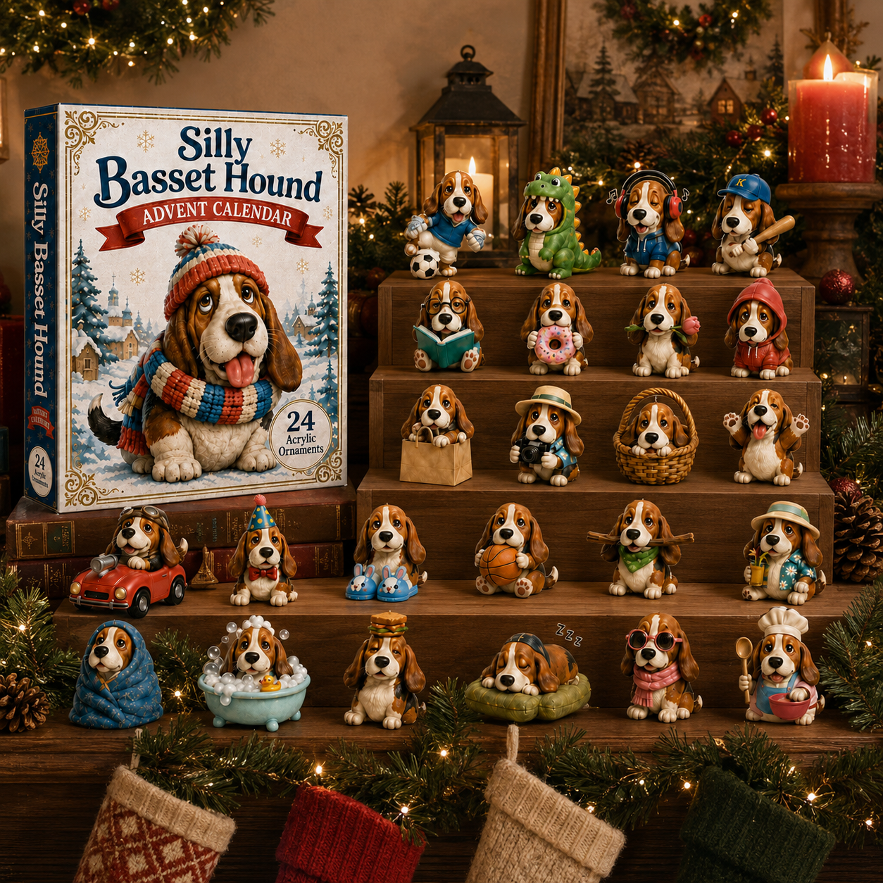 Adventskalender für Basset-Hound-Fans | 24 Acryl-Anhänger | Weihnachtsdesign