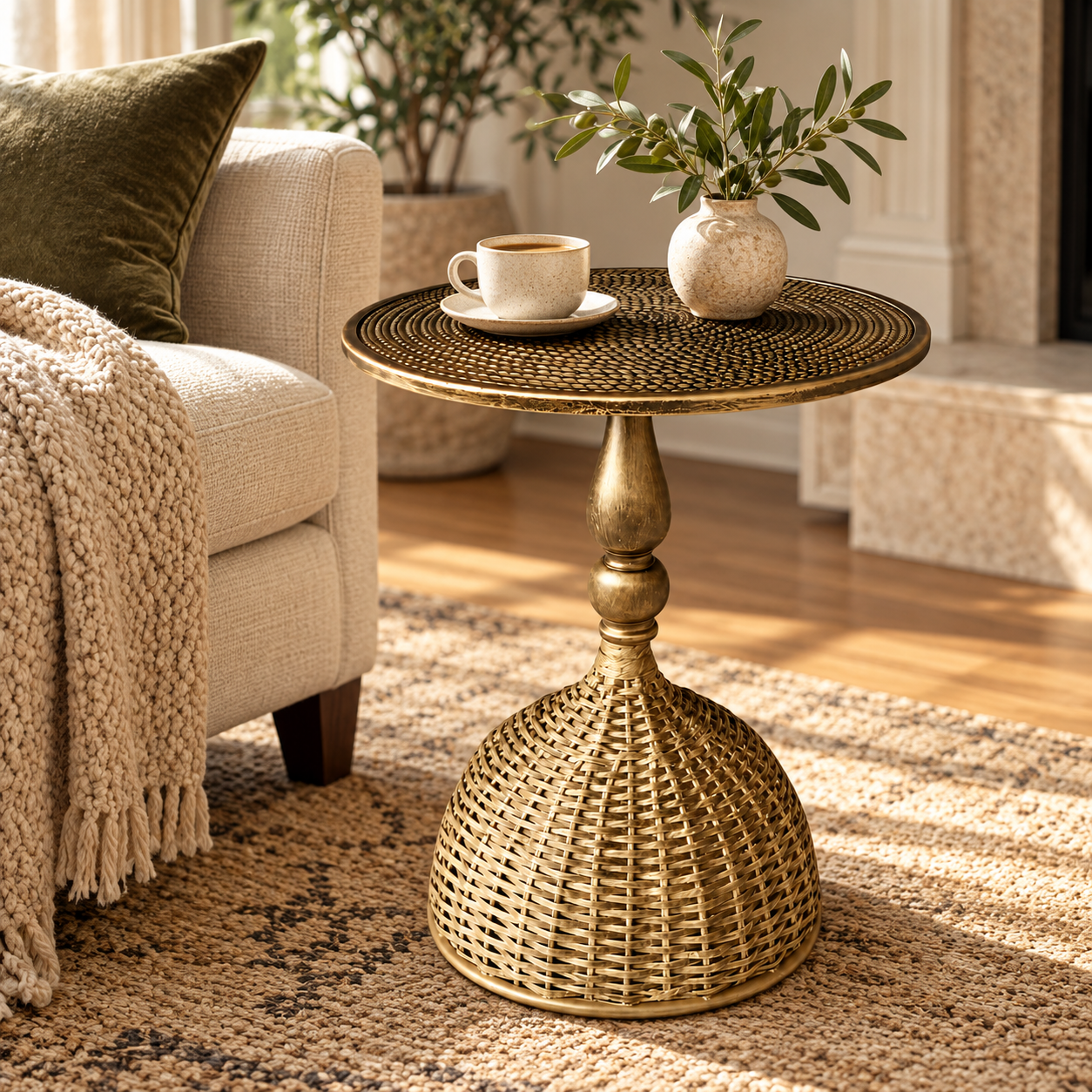 Woven Metal Side Table Decorative Accent Round Openwork