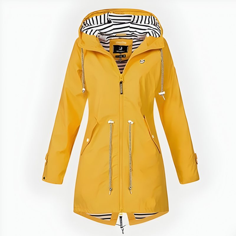 Women's Hooded Waterproof Rain Jacket with Striped Lining and Drawstring Waist - Image 4