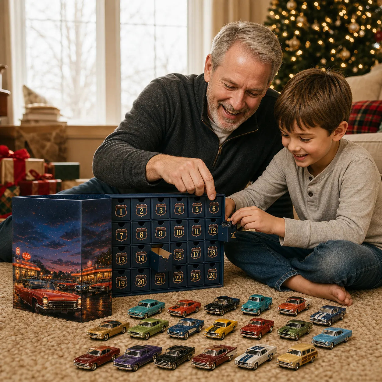 Adventskalender für Auto-Fans | 24 US-Auto-Miniaturen | Sammlerdisplay