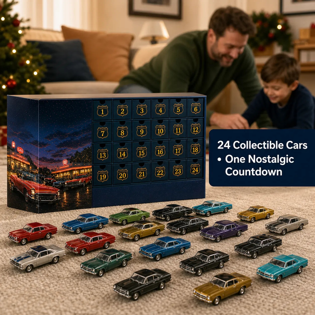 Adventskalender für Auto-Fans | 24 US-Auto-Miniaturen | Sammlerdisplay