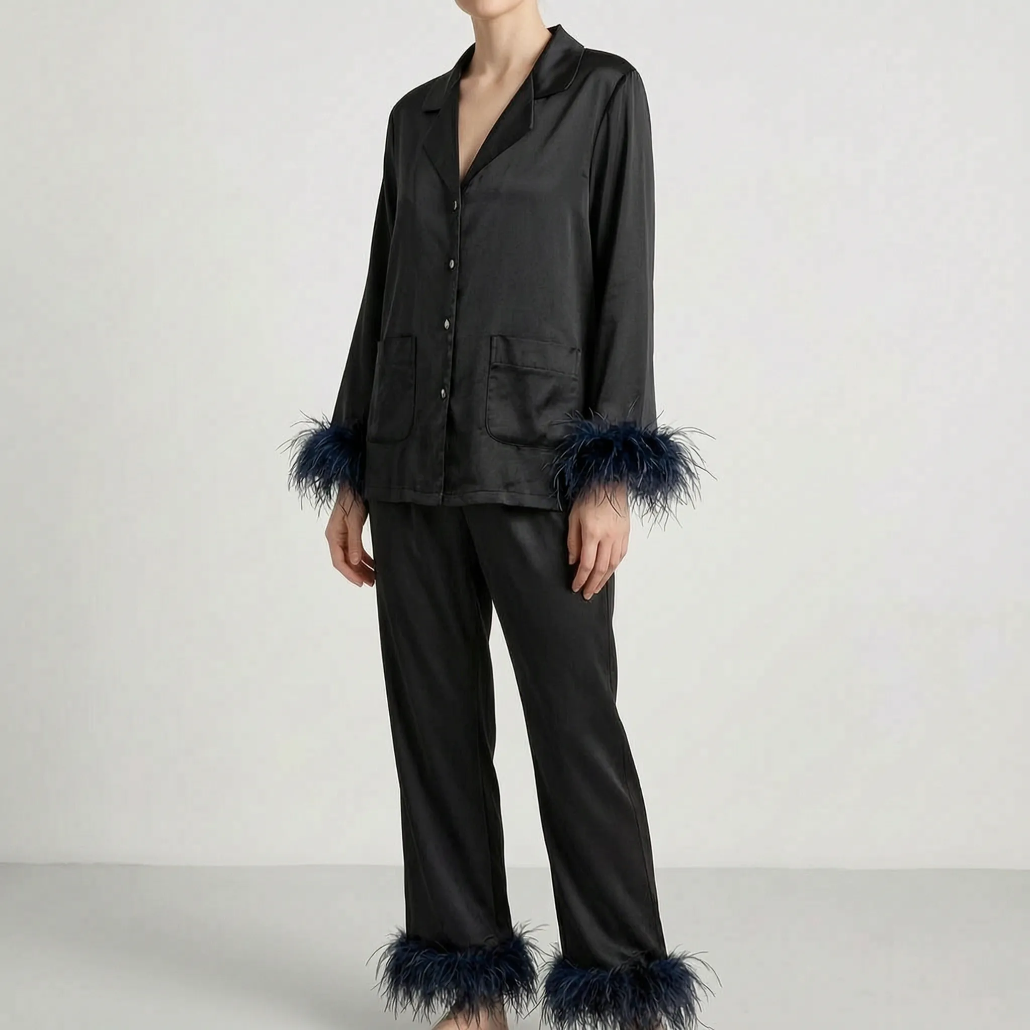 Feather-Trimmed Long Sleeve Pajama Set - Stephanie