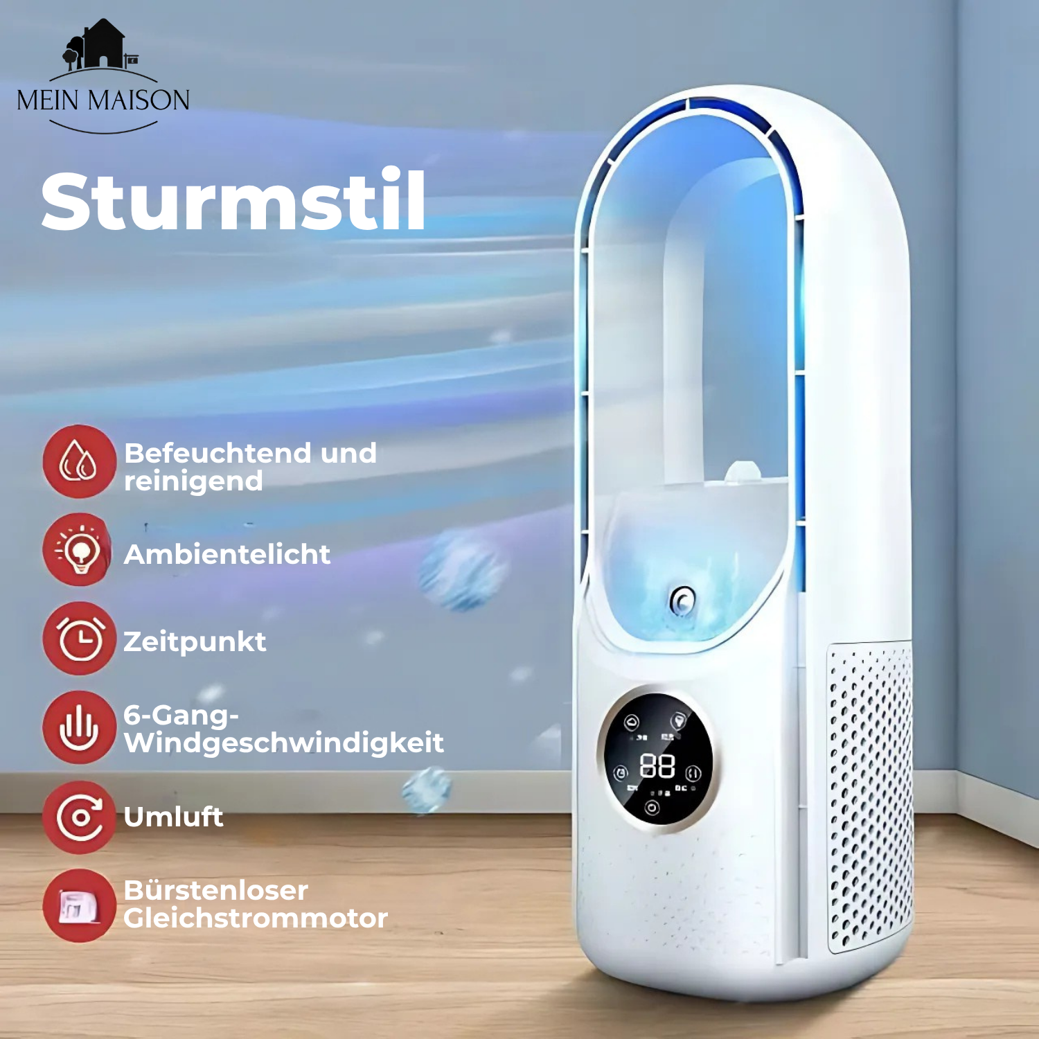 Airevo Luftkühler | Bladeless USB-Ventilator | 6 Stufen | Leise & Mit Timer | Luftbefeuchtung