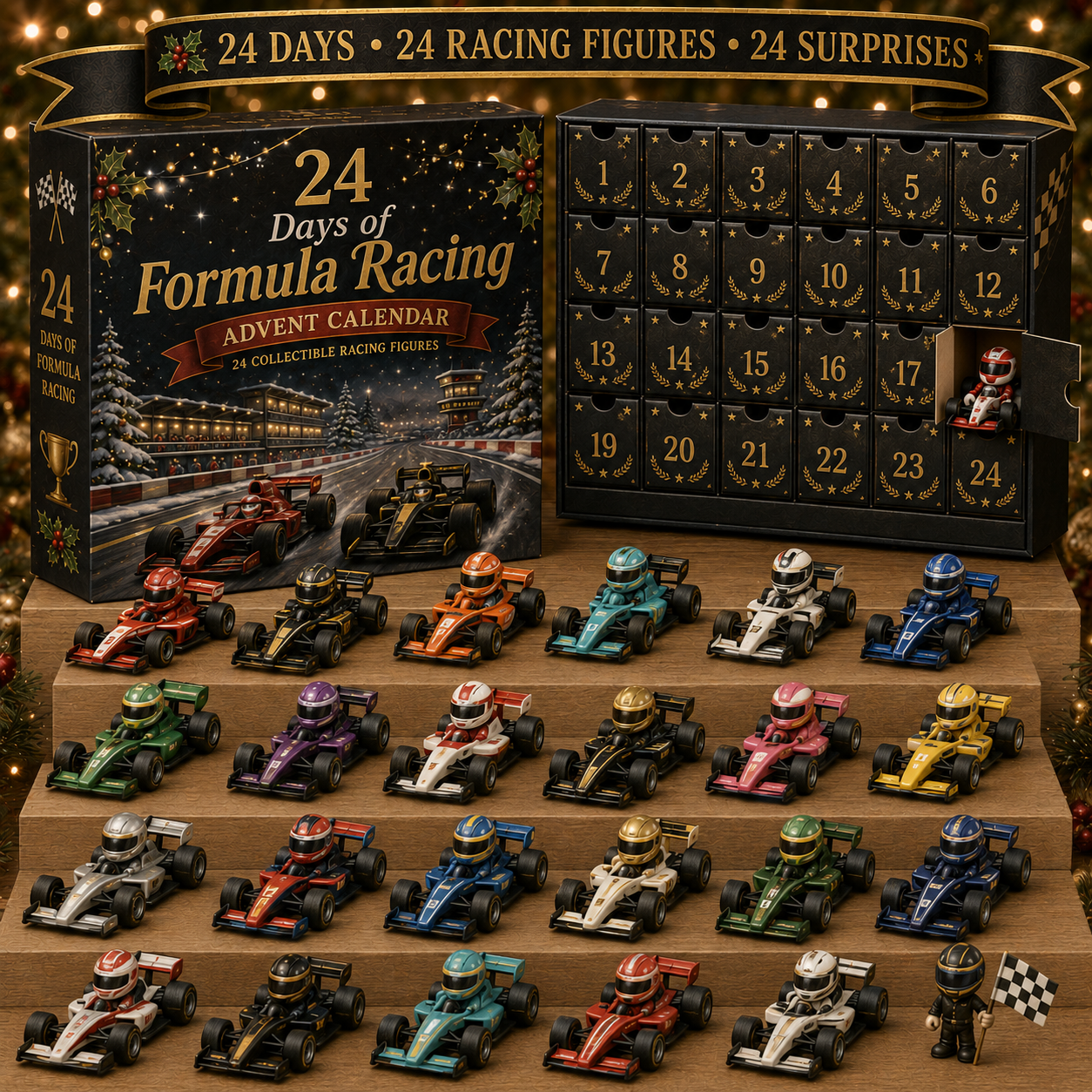 Adventskalender für Racingfans | 24-Tage-Rennwagenmotiv | 2D-Acryl | Mehrfarbig