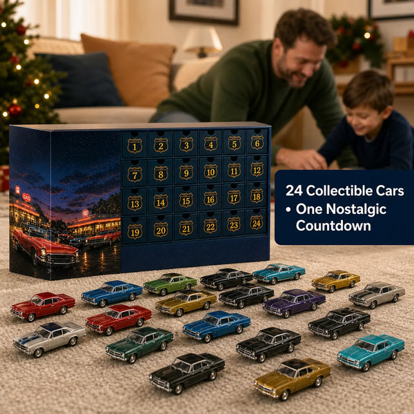 Adventskalender für Auto-Fans | 24 US-Auto-Miniaturen | Sammlerdisplay