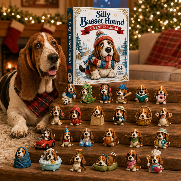 Adventskalender für Basset-Hound-Fans | 24 Acryl-Anhänger | Weihnachtsdesign