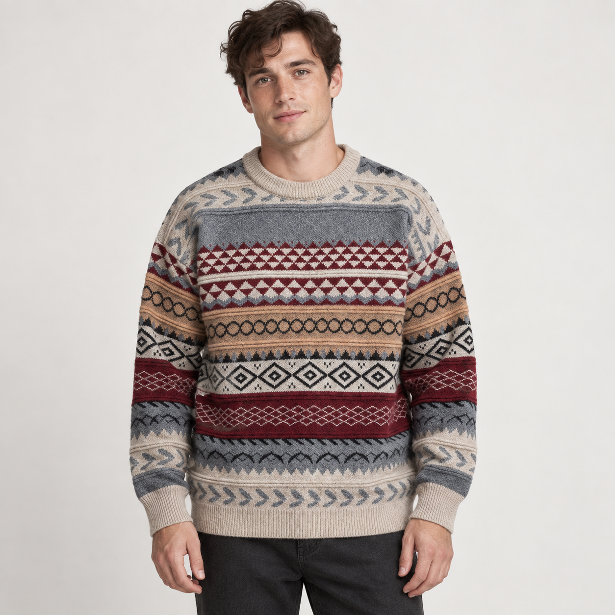 Obsession Bear Costume Patterned Knit Sweater for Halloween on an AI-generated studio model