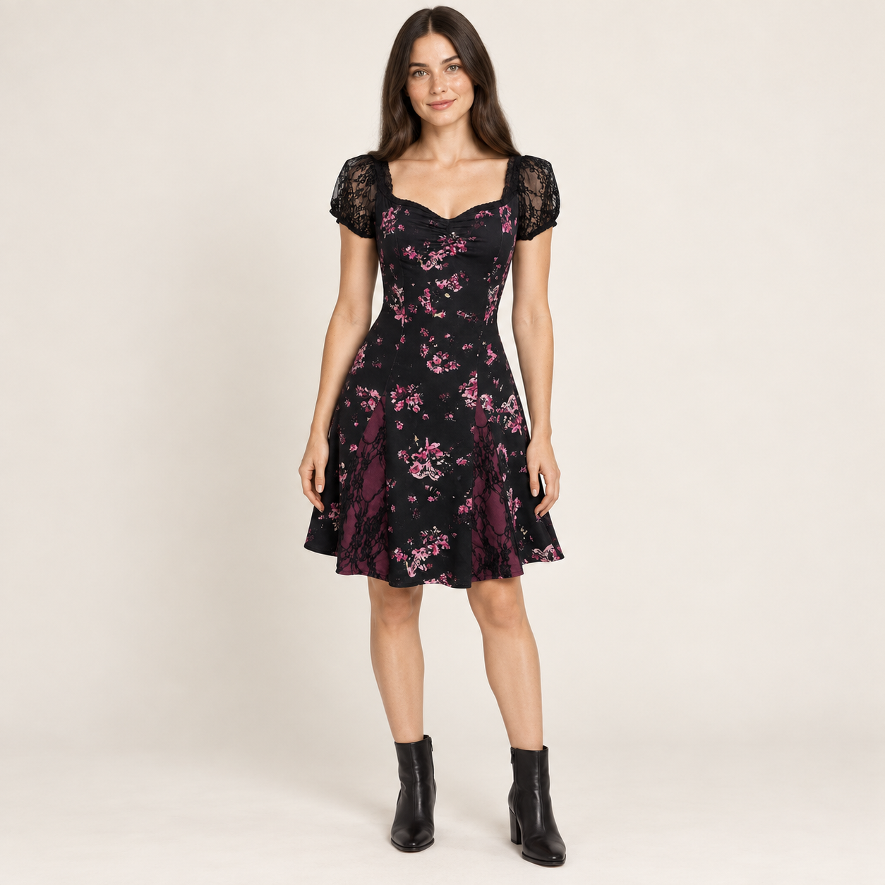Obsession Nikki Costume Purple Floral Dress for Halloween on an AI-generated studio model