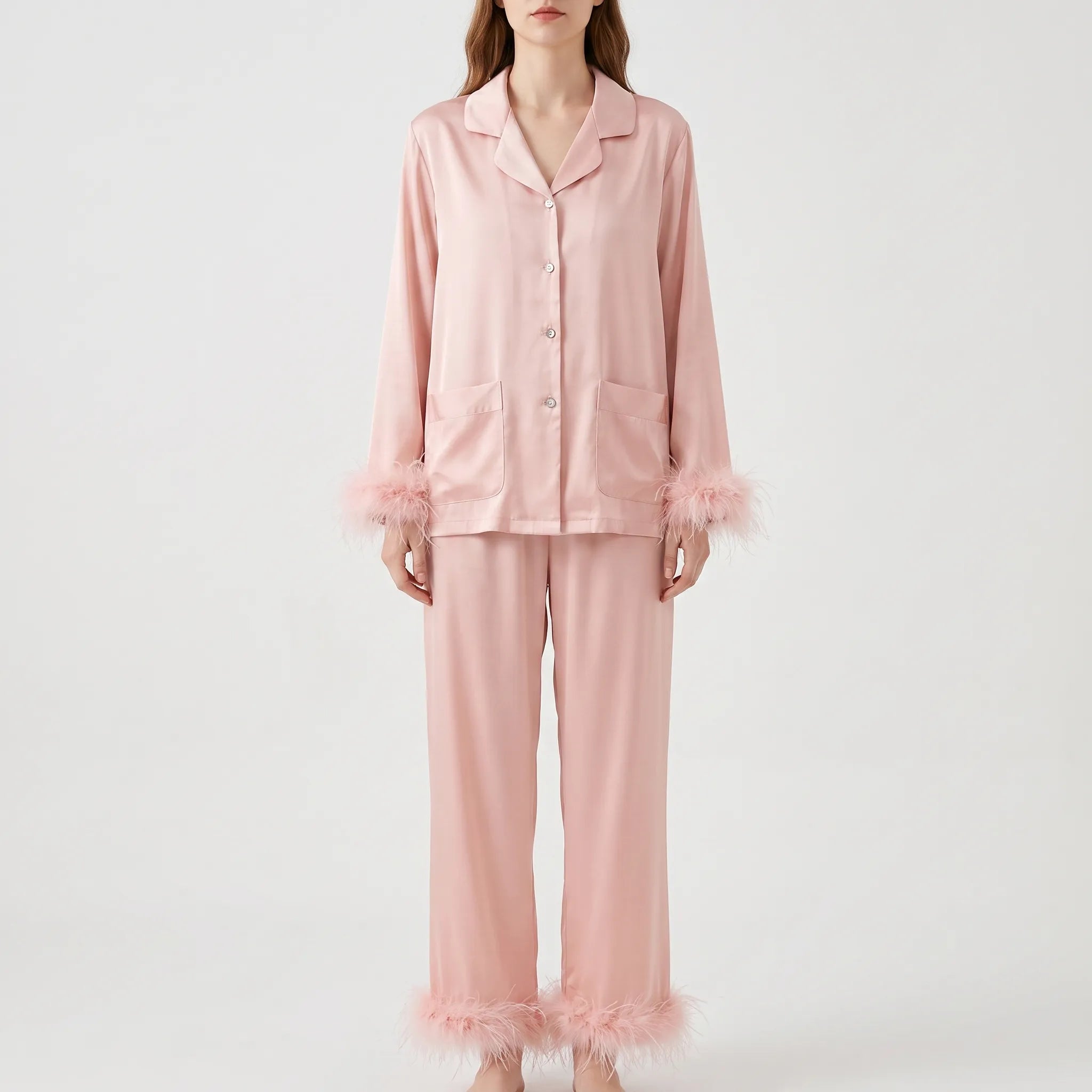 Feather-Trimmed Long Sleeve Pajama Set - Stephanie