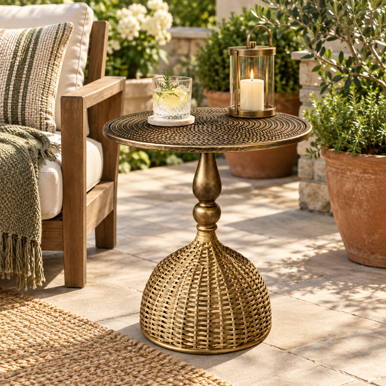 Woven Metal Side Table Decorative Accent Round Openwork