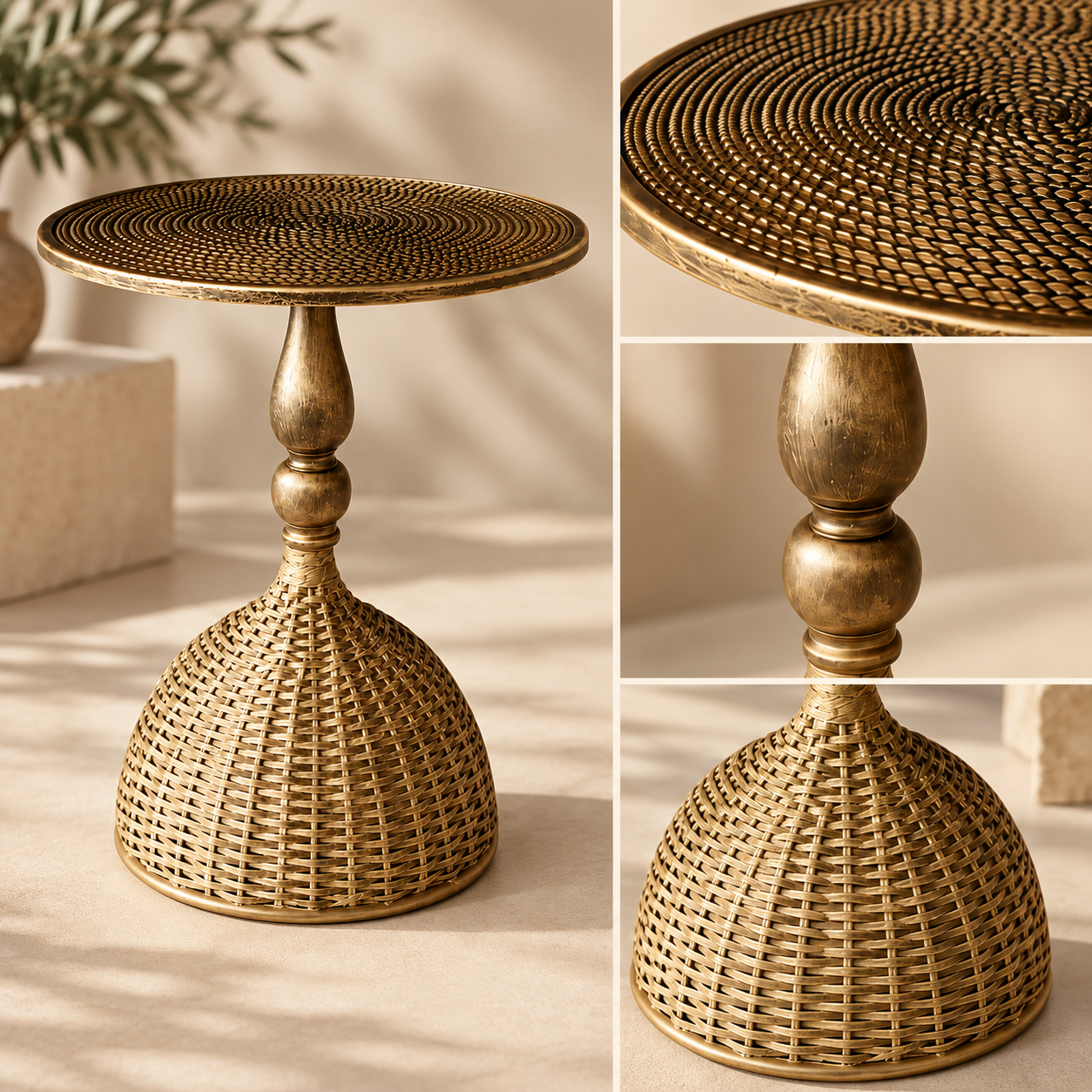 Woven Metal Side Table Decorative Accent Round Openwork