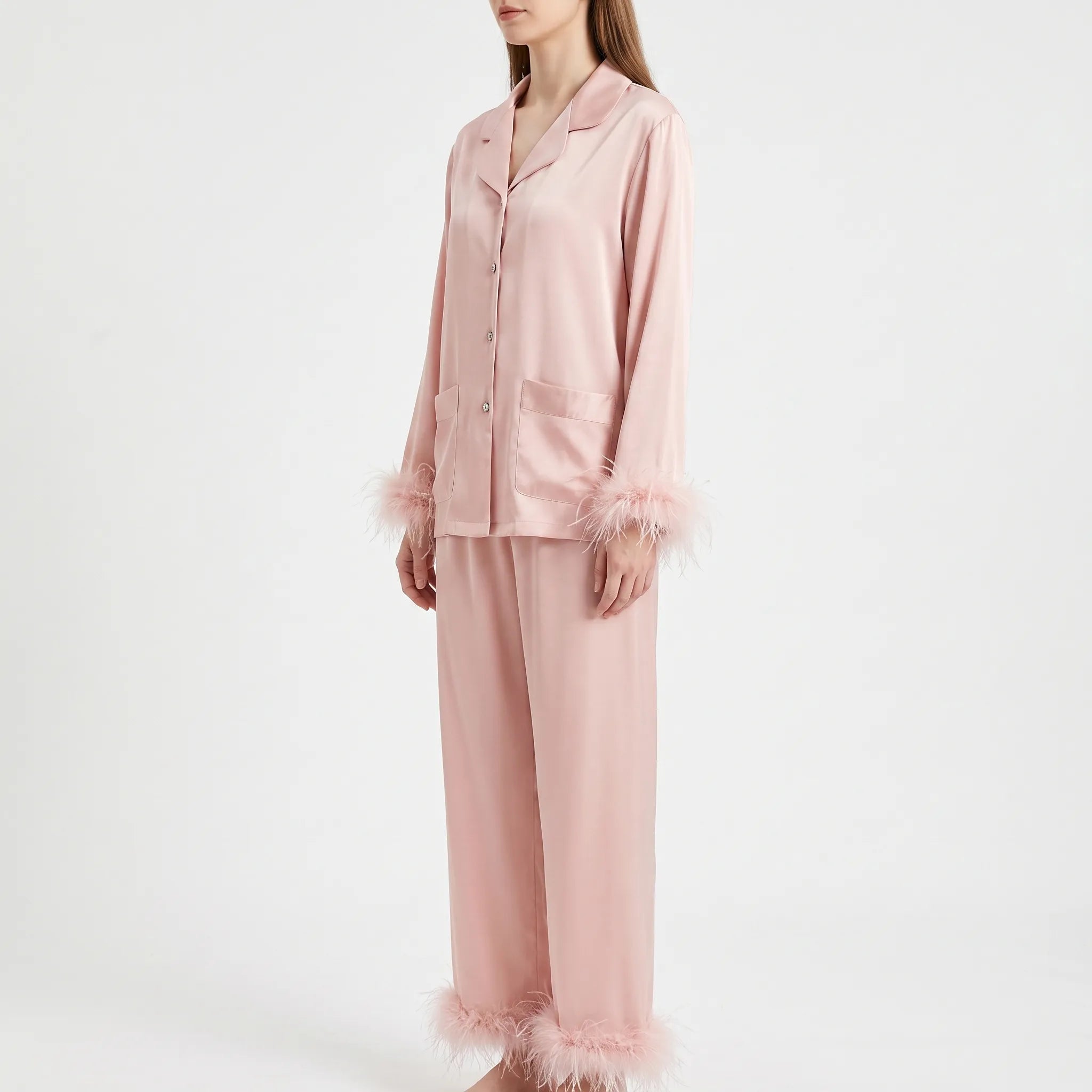 Feather-Trimmed Long Sleeve Pajama Set - Stephanie