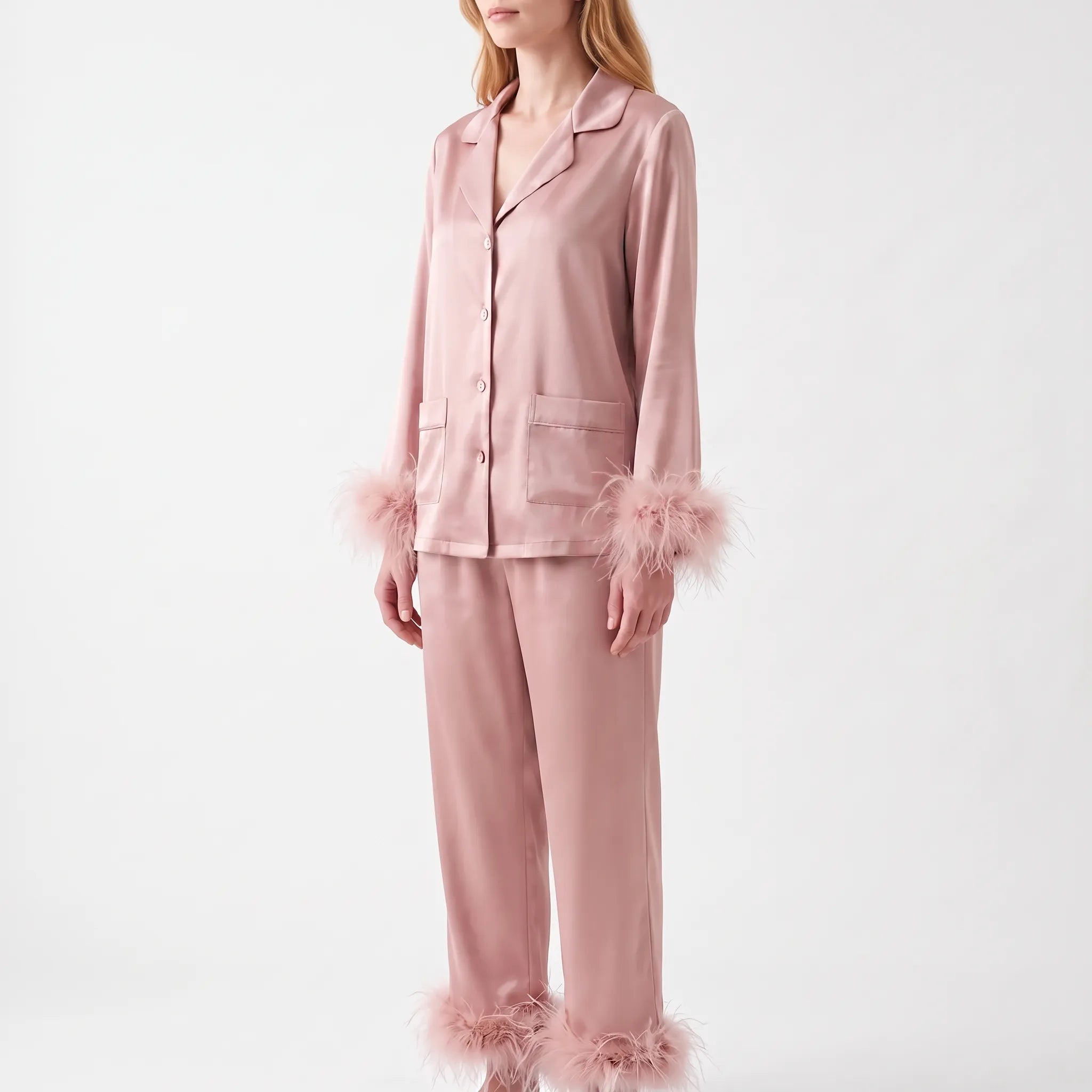 Feather-Trimmed Long Sleeve Pajama Set - Stephanie