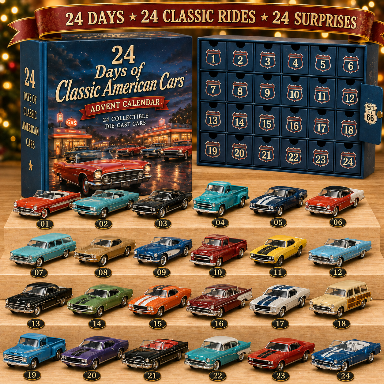 Adventskalender für Auto-Fans | 24 US-Auto-Miniaturen | Sammlerdisplay