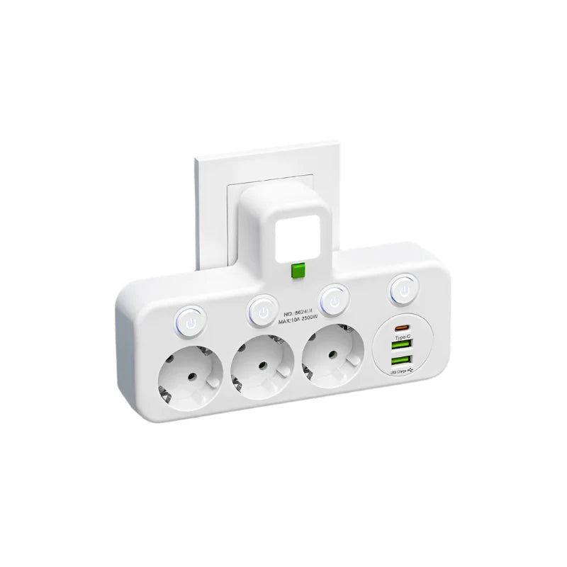 Mehrfachsteckdose VOLTRIQ ProLine | 3–4 Steckplätze + 2× USB & 1× Typ-C | 2500 W | Überspannungsschutz & Kontrollschalter