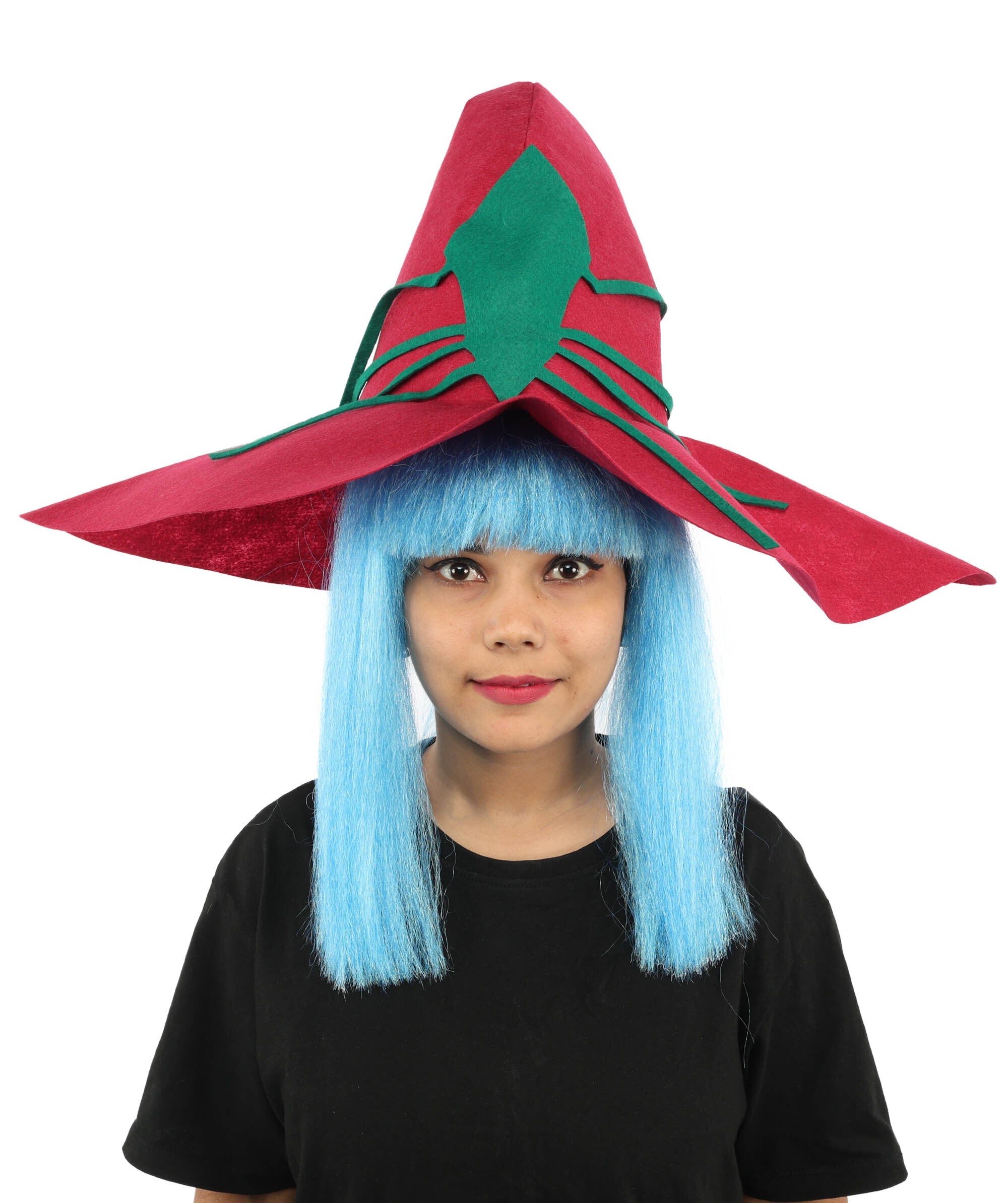 Adult Womens Blue Witch Wig with Red Hat lifestyle scene