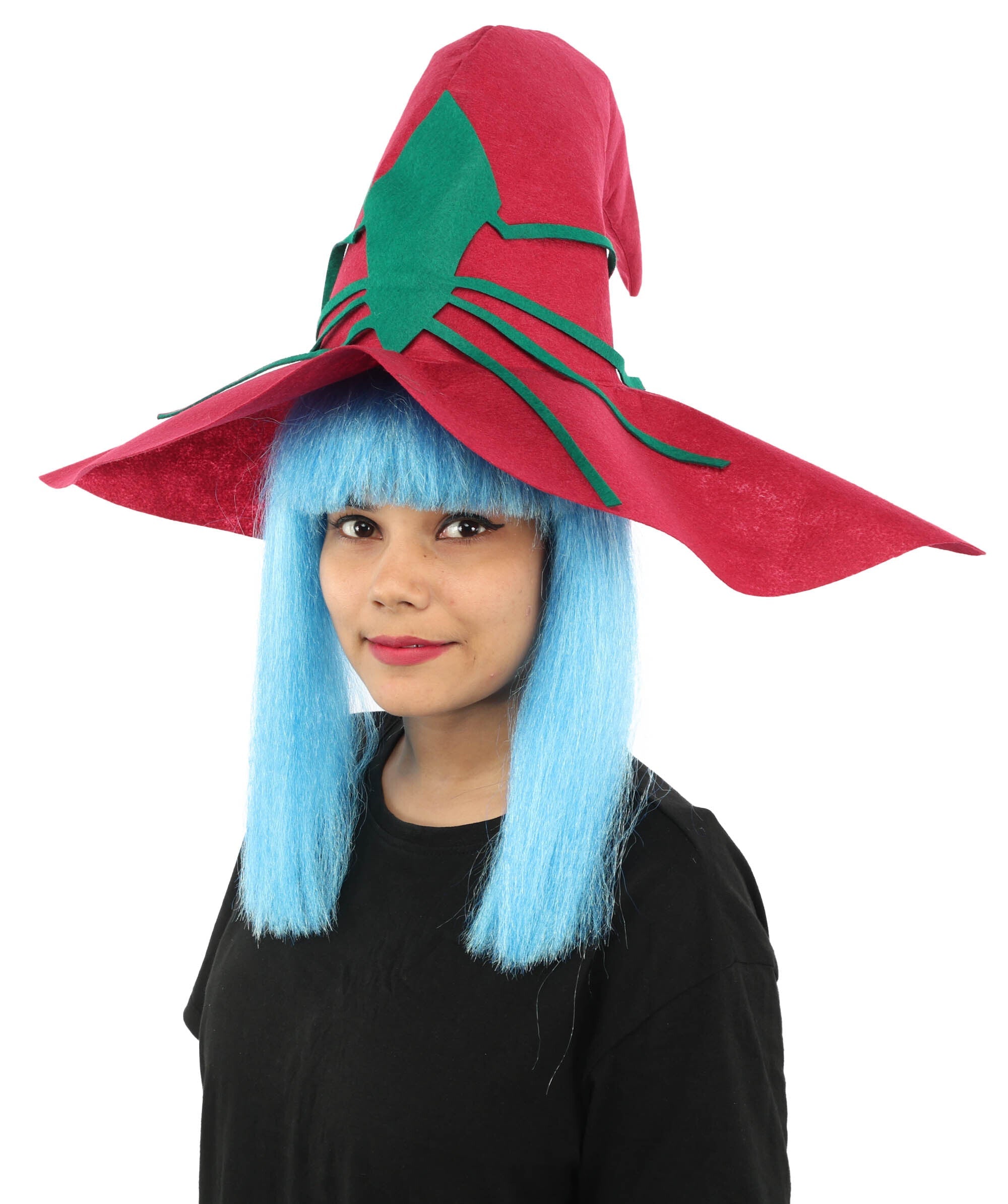 Adult Womens Blue Witch Wig with Red Hat studio packshot