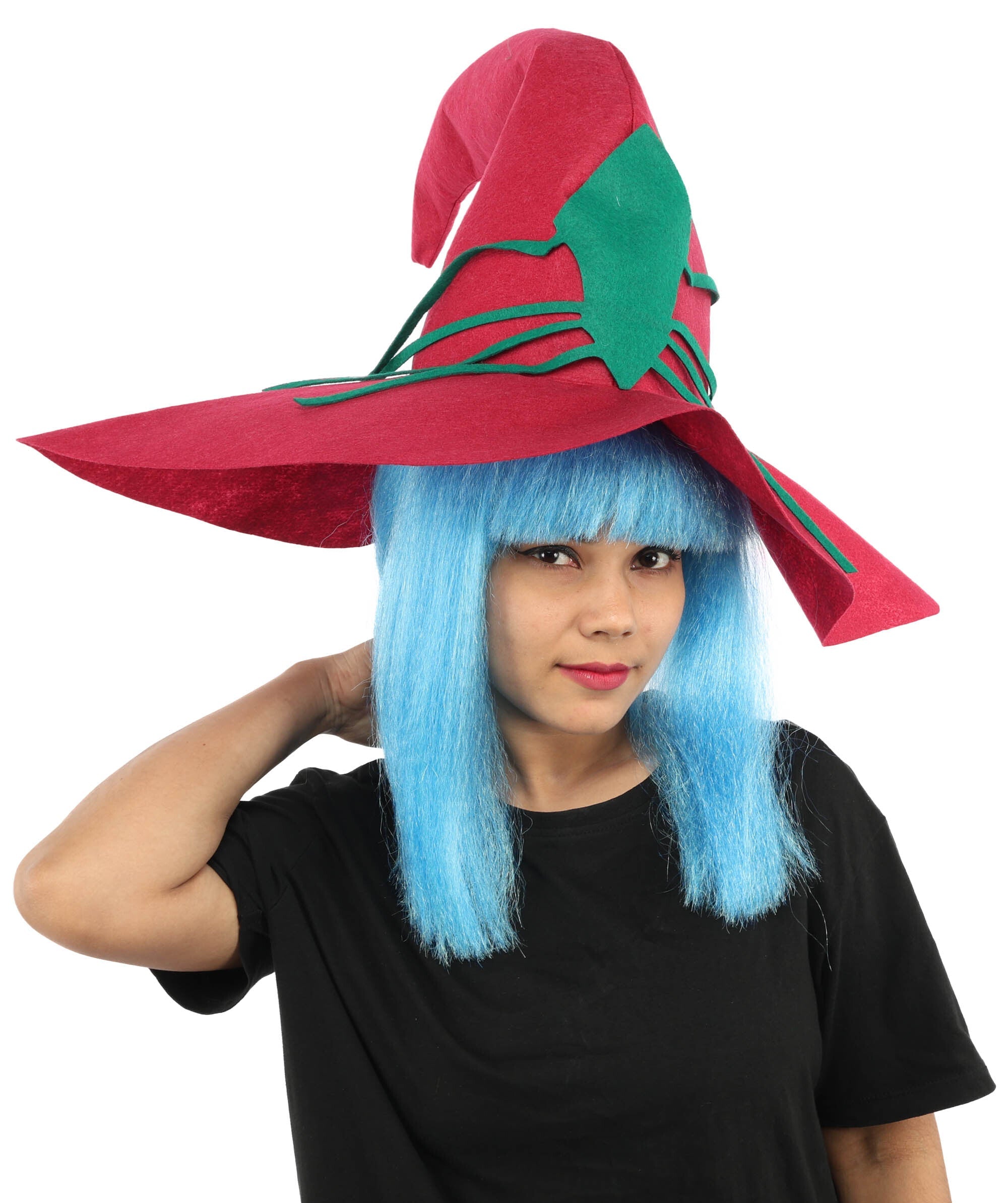 Adult Womens Blue Witch Wig with Red Hat in use